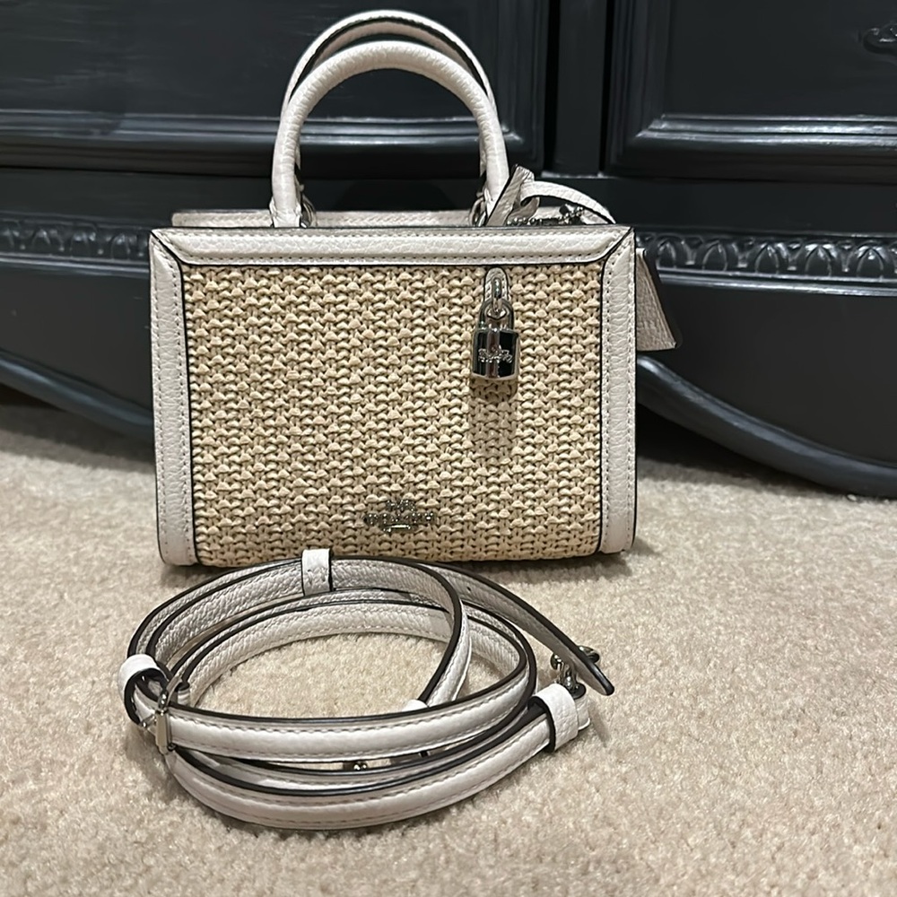 Coach Mini Bag in Woven Beige and Metallic Silver